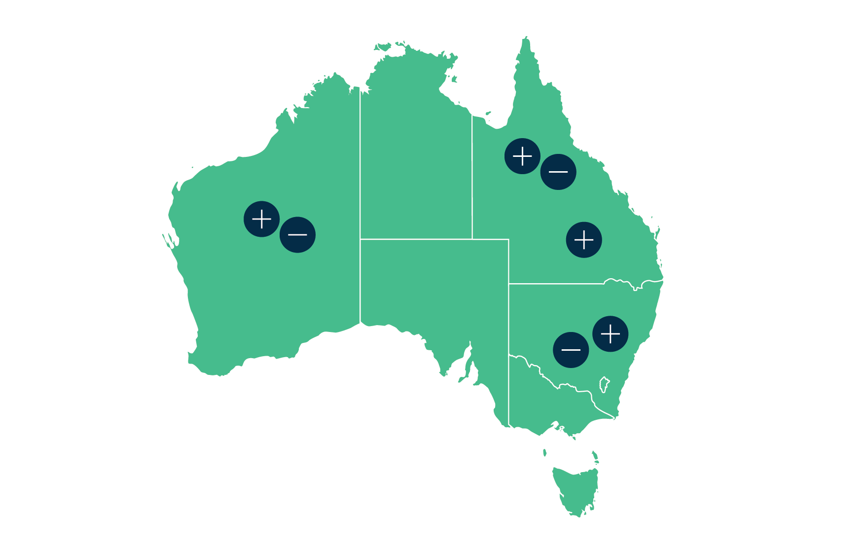 This infographic shows a map of Australia with plus and minus signs to symbolise the effects of births and deaths on population change