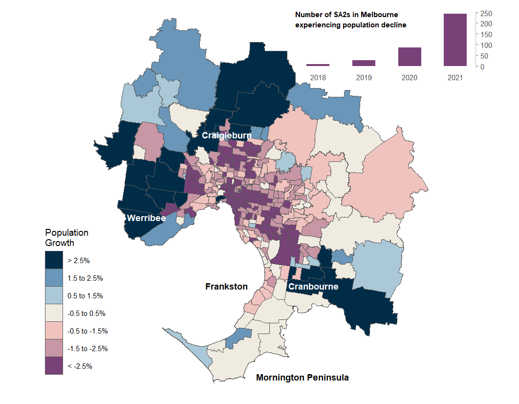 Map of Melbourne population growth by SA2, 2020-21